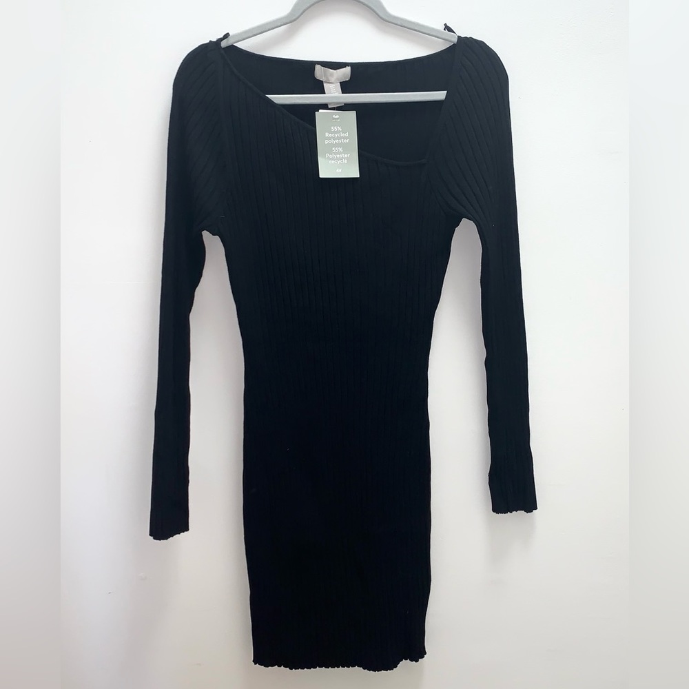 H&M Black Ribbed Knit Long Sleeve Midi Dress Size Large